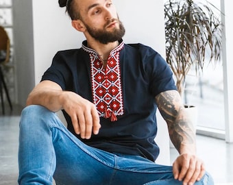 S-3XL Black and Red Embroidered Ukrainian T-Shirt for Men, Ukrainian Tshirt with Red Geometric Embroidery, Vyshyvanka T-shirt