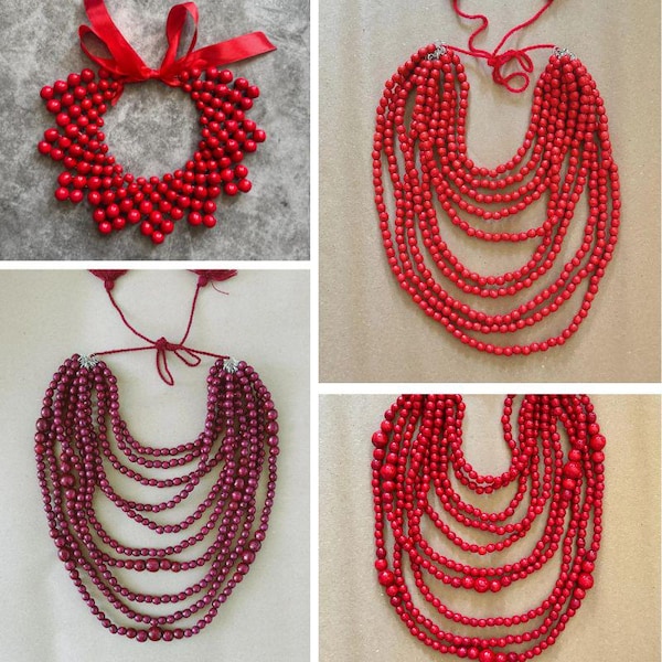 Multi-Layered Red Handmade Ukrainian Namysto Necklace, Red Ukrainian Wooden Jewellery, Vyshyvanka Accessory