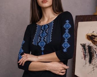 S-3XL Classic Ukrainian Vyshyvanka Blouse with Blue Geometric Embroidery and Three-Quarter Sleeves