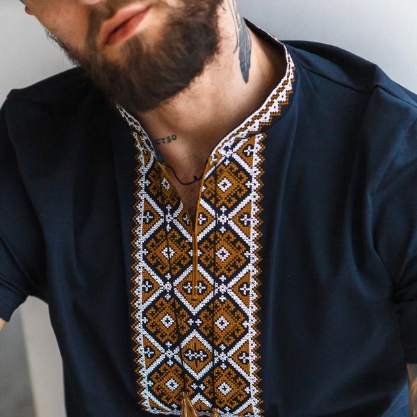 Modern Embroidered T-Shirt for Men, Ukrainian T-shirt with Golden Embroidery, Vyshyvanka T-shirt, Ukrainian Gift