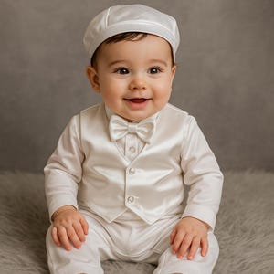 Adorable Little Gentleman Baby Boy Christening Outfit – Festive 5-Piece Baptism Set with Bow Tie, Hat, Pants, Shoes & Vest