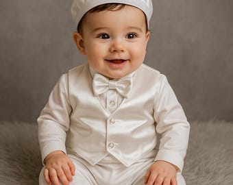 Adorable Little Gentleman Baby Boy Christening Outfit – Festive 5-Piece Baptism Set with Bow Tie, Hat, Pants, Shoes & Vest