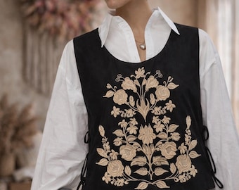Artisan Embroidered Vest Manishka – Black Floral Motif – Ukrainian Folk Style Layering Piece