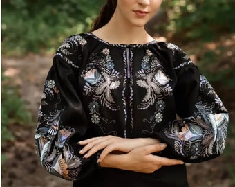 Gorgeous Linen Embroidered Black Blouse, Elegant Traditional Vyshyvanka for Women with Floral Embroidery, Black Ethnic Ukrainian Blouse