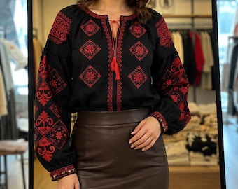 Elegant Black Ukrainian Vyshyvanka Blouse - Geometric Embroidery - Folk Style Embroidered Shirt