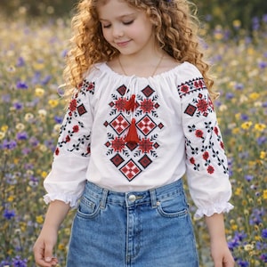 Chemisier ukrainien Vyshyvanka classique pour fille | Broderie rouge et noire | Tailles 4-12