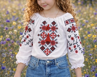Blusa clásica ucraniana Vyshyvanka para niñas / Bordado rojo y negro / Tallas 4-12
