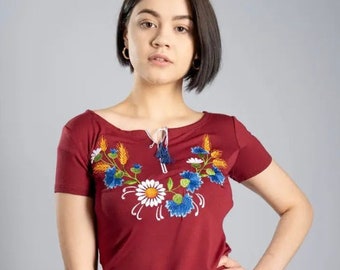 S-3XL Blue Ukrainian Woman T-Shirt with Floral Embroidery, Vyshyvanka Tshirt with Flowers, Embroidered Boho Shirt, Ukrainian Gift