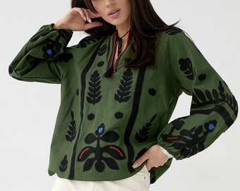 Gorgeous Boho Embroidered Blouse, Elegant Summer Folk Nuoveau Blouse with Floral Motiff, Green Aztec Embroidery Blouse