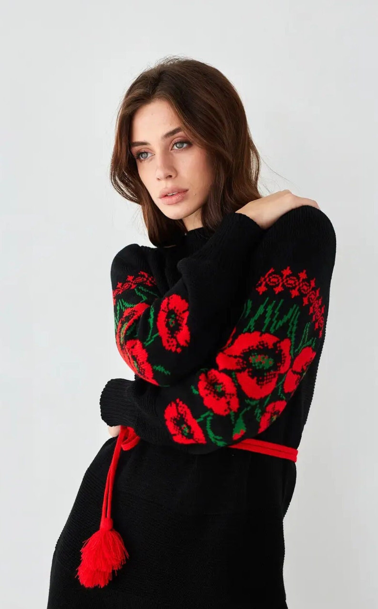 Knitted Winter Dress Midi Sweater Dress Long Sleeves Red Etsy