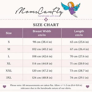May include: A size chart for MomsCanFly featuring a purple header with a fairy illustration. The table lists sizes S through 3XL with corresponding breast width and length measurements in both centimeters and inches, plus a note on tolerance.