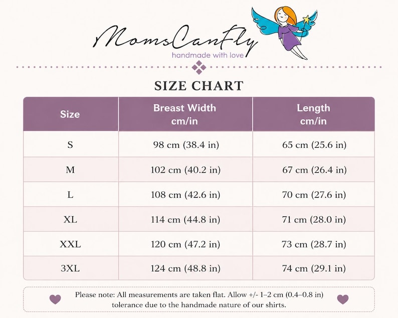 May include: A size chart for MomsCanFly featuring a purple header with a fairy illustration. The table lists sizes S through 3XL with corresponding breast width and length measurements in both centimeters and inches, plus a note on tolerance.
