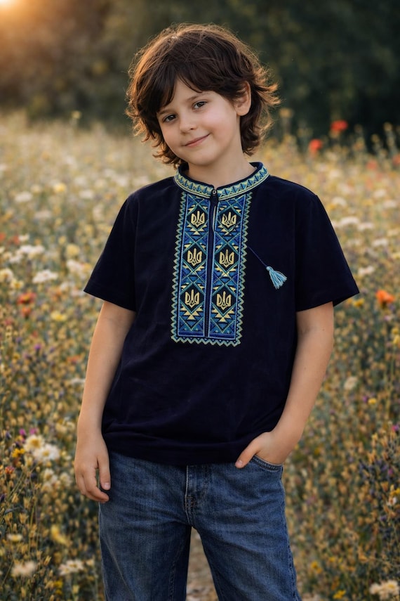 2-14YO Ukrainian Boys Blue Vyshyvanka T-shirt With Tryzub