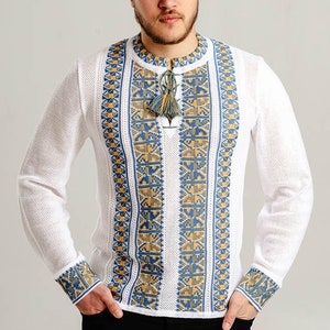 Summer Crochet Knit Vyshyvanka for Men with Tryzub, Ukrainian Shirt for Man, Embriodered Ukrainian Sorochka Shirt image 2