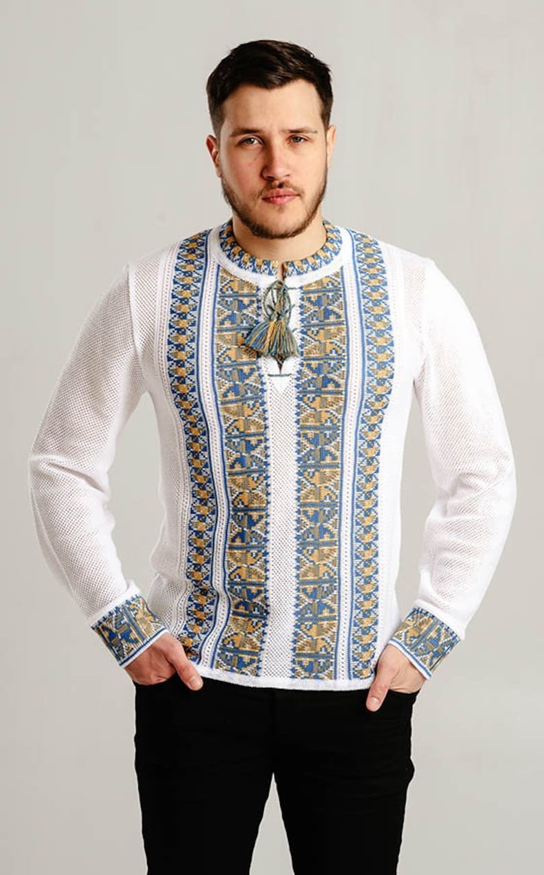 Summer Crochet Knit Vyshyvanka for Men with Tryzub, Ukrainian Shirt for Man, Embriodered Ukrainian Sorochka Shirt image 2