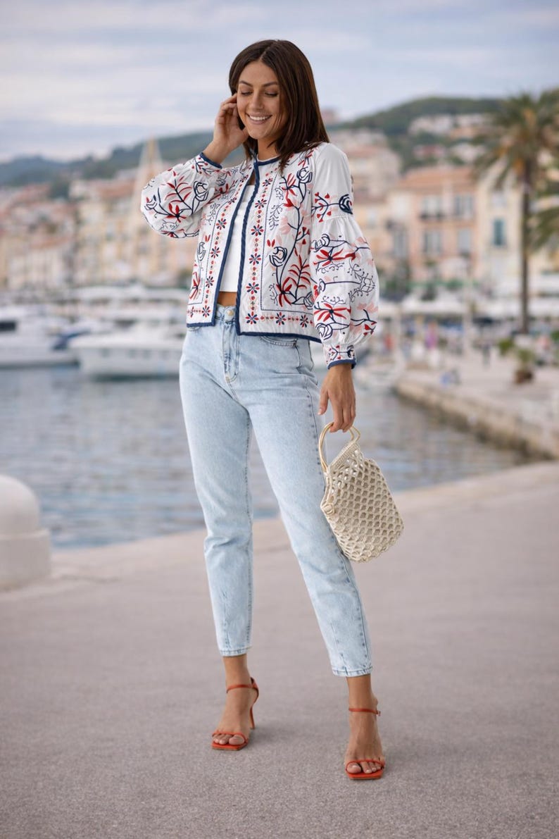 Chaqueta bohemia de verano con bordado floral para mujer - Chaqueta floral bohemia con top corto - Blazer abierto bohemio corto imagen 1