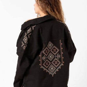 Black Embroidered Denim Shirt Jacket | Oversized Folk-Inspired Jacket with Beige Diamond Embroidery | Boho Chic Outerwear for Women
