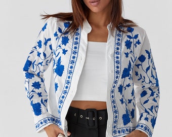 Embroidered White Summer Boho Jacket for Women, High Quality Jacket with Floral Embroidery, Crop Top Jacket, Cropped Boho Open Blazer