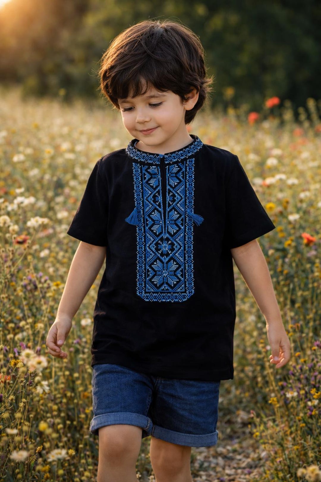 2-14YO Traditional Ukrainian Blue Embroidered Vyshyvanaka T-shirt