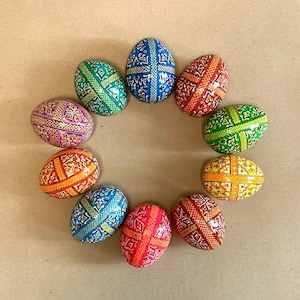 Set of 10 Wooden Easter Handpainted Pysanka Eggs, Ukrainian Easter Egg Set
