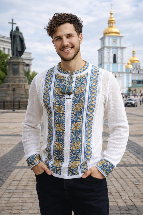 XS-4XL Summer Crochet Knit Vyshyvanka for Men With Tryzub