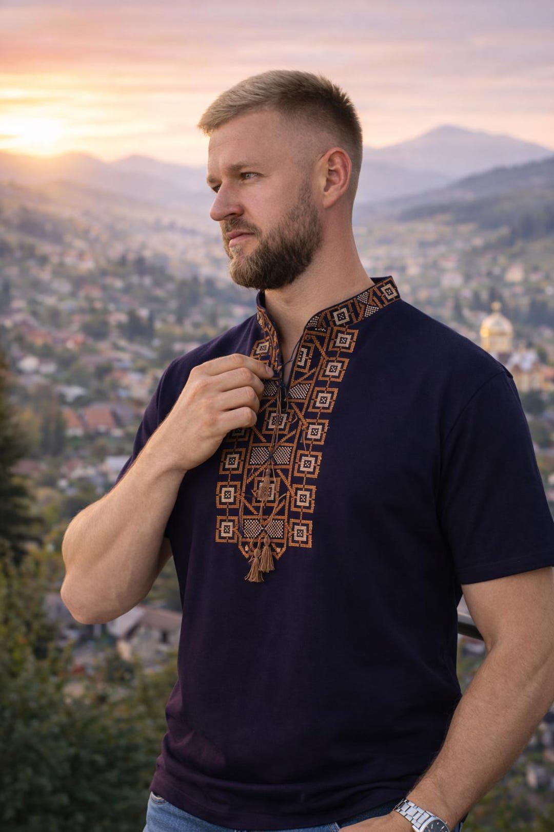 S-3XL Elegant Slavic-inspired Embroidered T-shirt – Dark Blue Base