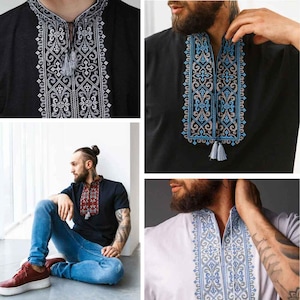 S-3XL Modern Embroidered T-Shirt for Men, Ukrainian Short-Sleeve Shirt with Geometric Design image 1