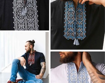S-3XL Modern Embroidered T-Shirt for Men, Ukrainian Short-Sleeve Shirt with Geometric Design