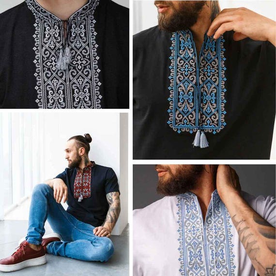 S-3XL Modern Embroidered T-Shirt for Men, Ukrainian Short-Sleeve Shirt with Geometric Design