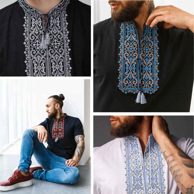 S-3XL Modern Embroidered T-Shirt for Men, Ukrainian Short-Sleeve Shirt with Geometric Design image 1