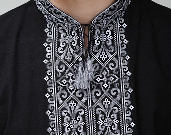 S-3XL Men's Embriodered T-Shirt, Ukrainian T-Shirt Vyshyvanka Silver Embroidery, Modern Black Vyshyvanka for Men, Ukrainian Gift