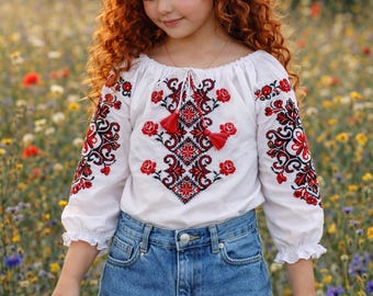 Ukrainian Folk Embroidered Vyshyvanka Blouse for Girls, Slavic Top for Girl - 2 Colors