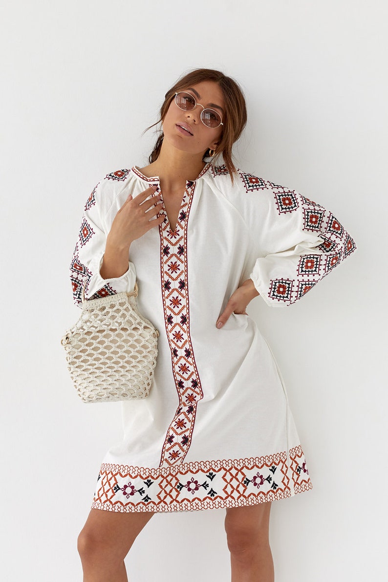 Gorgeous Embroidered Summer Dress, White Vyshyvanka Dress, Resourt Vacation Dress, Tunic Dress with Embroidery image 2