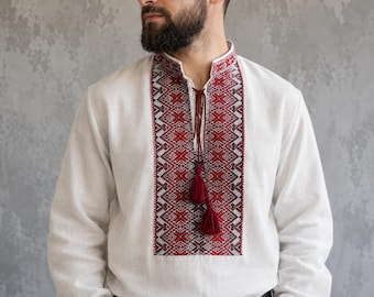 XXS-7XL Ukrainian Vyshyvanka with Red Embroidery For Men