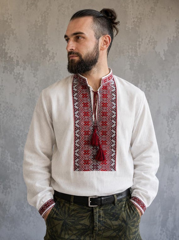 XXS-7XL Ukrainian Vyshyvanka with Red Embroidery For Men