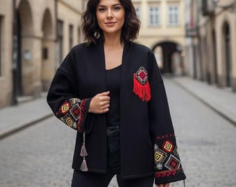 Artisan Boho Vyshyvanka Jacket With Geometric Embroidery and