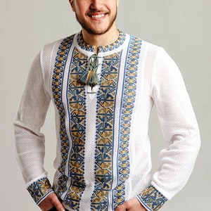 Summer Crochet Knit Vyshyvanka for Men with Tryzub, Ukrainian Shirt for Man, Embriodered Ukrainian Sorochka Shirt