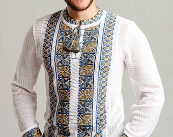 Summer Crochet Knit Vyshyvanka for Men with Tryzub, Ukrainian Shirt for Man, Embriodered Ukrainian Sorochka Shirt