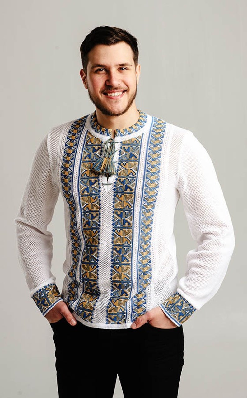 Summer Crochet Knit Vyshyvanka for Men with Tryzub, Ukrainian Shirt for Man, Embriodered Ukrainian Sorochka Shirt image 1