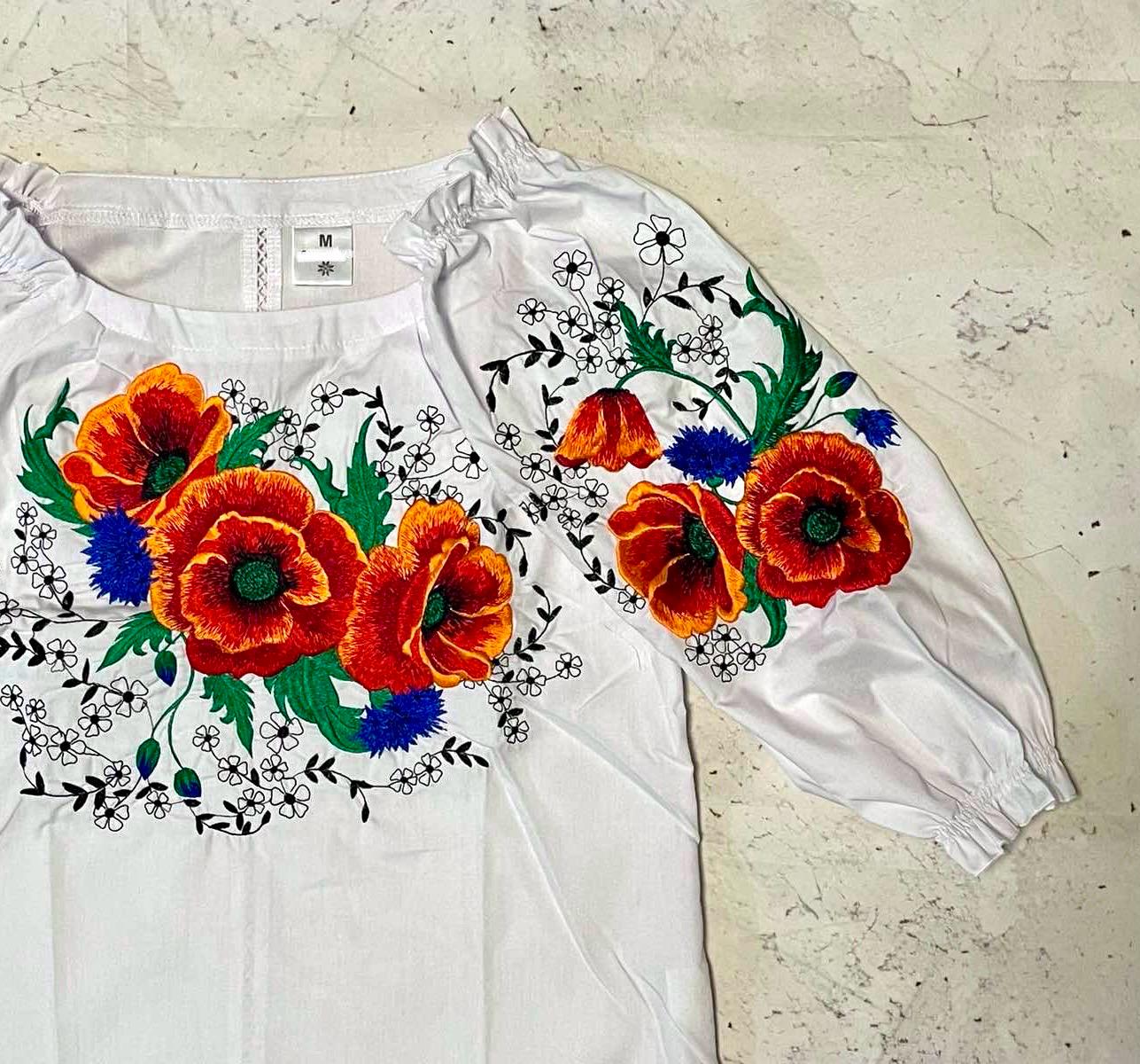 White Ukrainian Embroidered Blouse With Bold Red Poppies