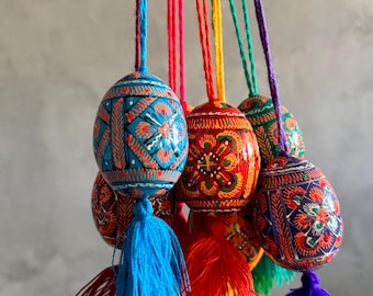 Hand-Painted Ukrainian Wooden Easter Eggs with Tassels – Folk Pysanka Ornaments - Set of 9
