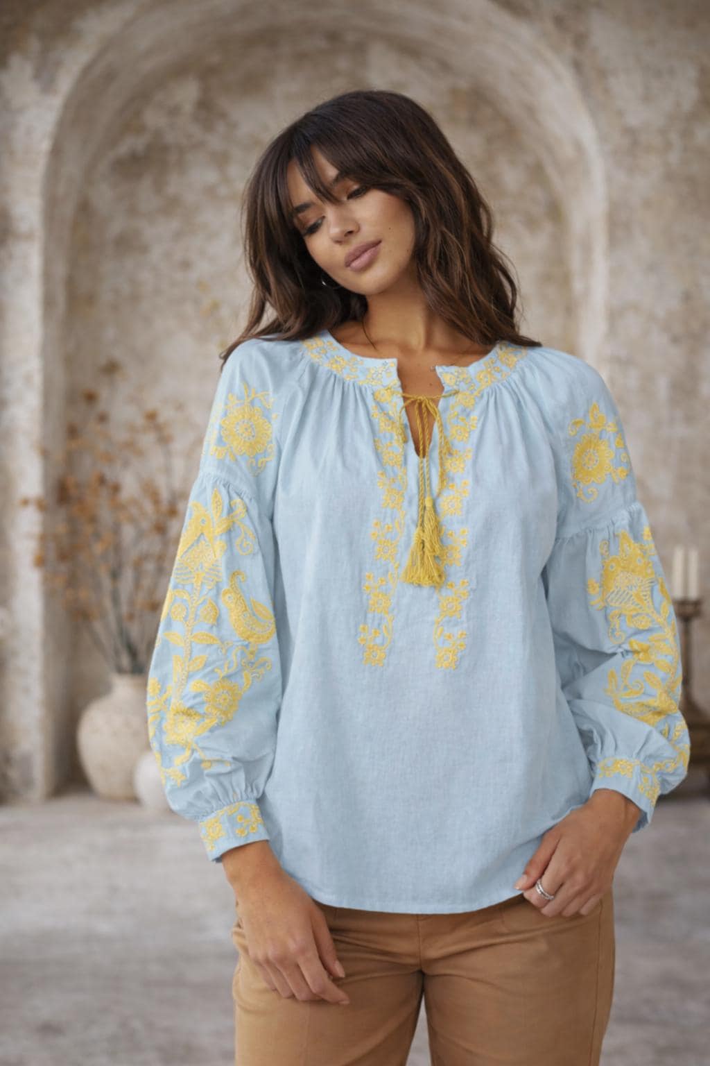 S-2XL Bohemian Style Black Embroidered Blouse, Folk Nouveau Shirt