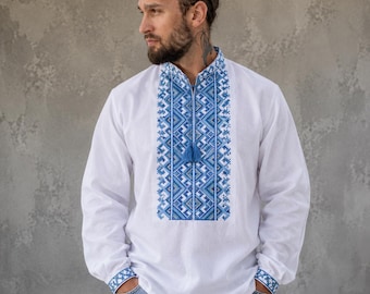 XXS-7XL Elegant Ethnic Ukrainian Men’s Shirt with Blue and Yellow Embroidery
