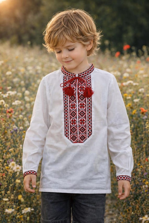3-15YO Classic Boys' White Ukrainian Vyshyvanka Shirt With Red or