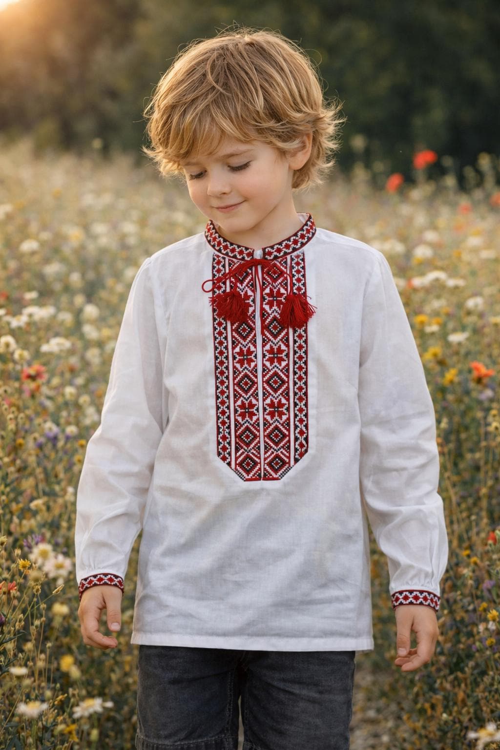 3-15YO Classic Boys' White Ukrainian Vyshyvanka Shirt With Red or