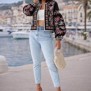 Chaqueta bohemia de verano con bordado floral para mujer - Chaqueta floral bohemia con top corto - Blazer abierto bohemio corto imagen 6