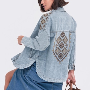 Embroidered Boho Denim Jacket Shirt for Women, High Quality Denim Outware Jacket with Modern Embroidery