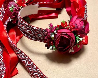 Artisan Ukrainian Floral Headband with Ribbons – Red Folk Hair Accessory – Fits Children and Adults