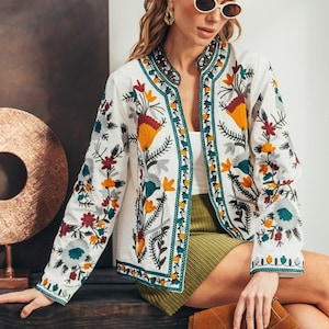Embroidered Floral Summer Boho Jacket for Women, High Quality Suzani Summer Jacket, Crop Top Floral Jacket, Cropped Boho Open Blazer