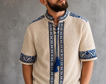 S-4XL Summer Crochet-Knit Short-Sleeve Linen Shirt – Beige with Blue Folk Embroidery Motifs